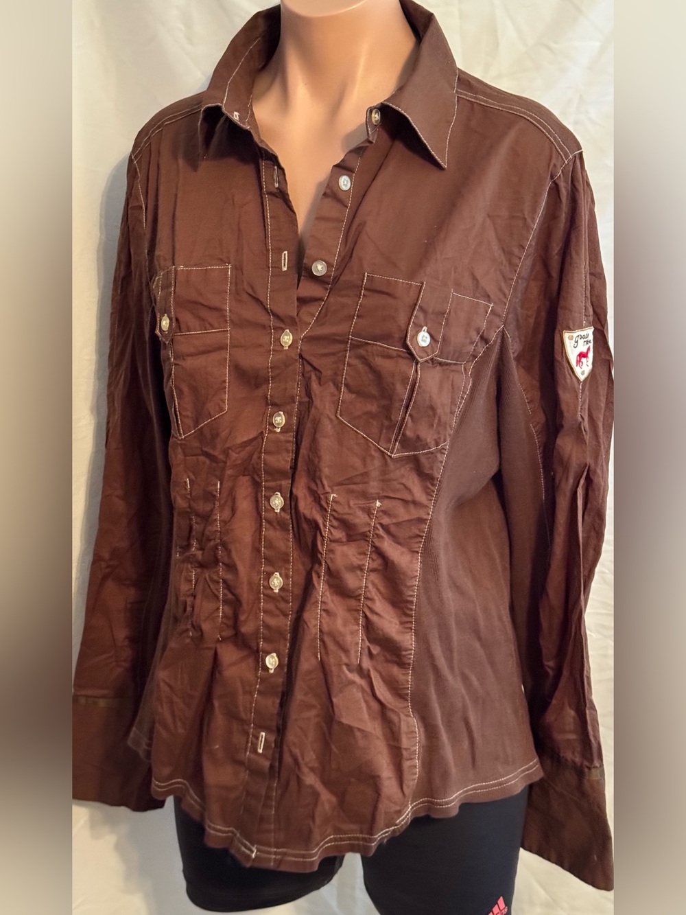 Brown Button Down Goode Rider Long Sleeve Shirt with Patch Detail XL